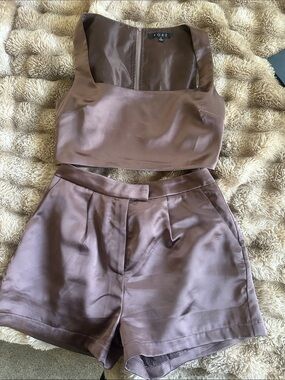 These Three Brown Cropped Satin Short Set